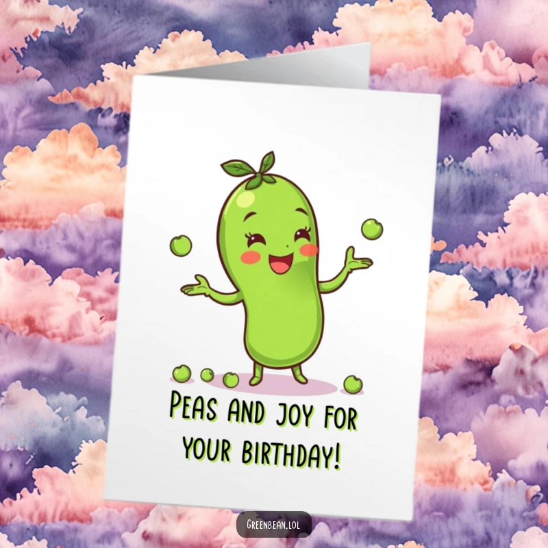 Funny Free Printable Birthday Card: A cheerful green bean happily juggling small peas, showcasing impressive veggie dexterity for a birthday wish.