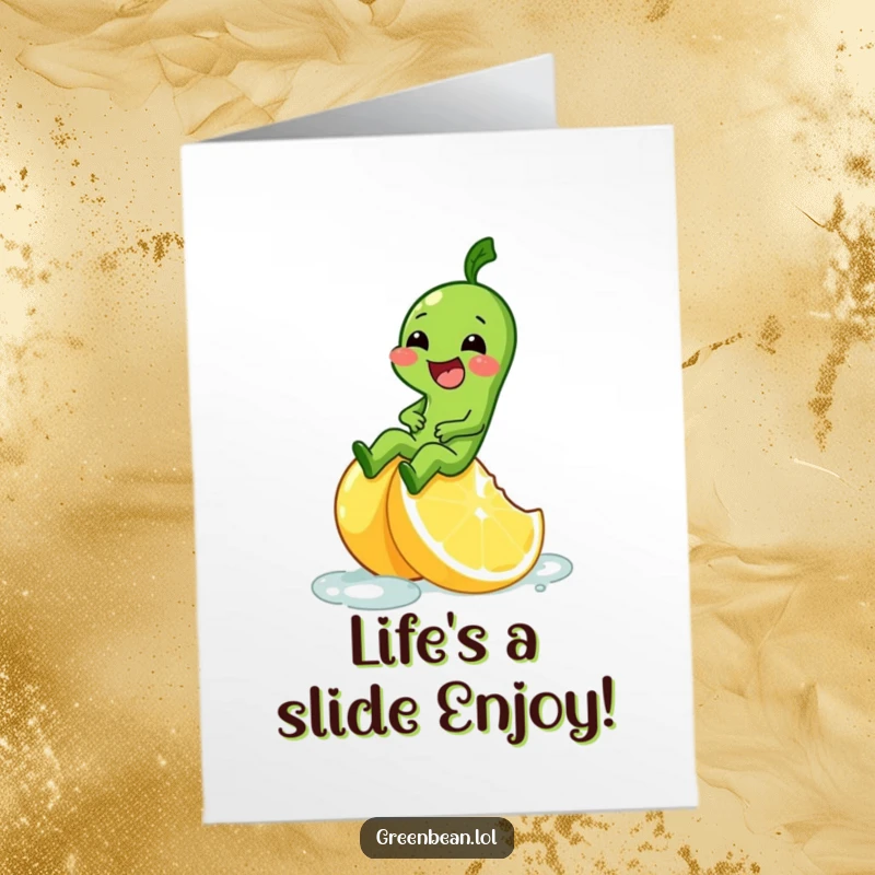 Funny Free Printable Birthday Card: A green bean character laughs gleefully while sliding down a slick, bright yellow lemon wedge.