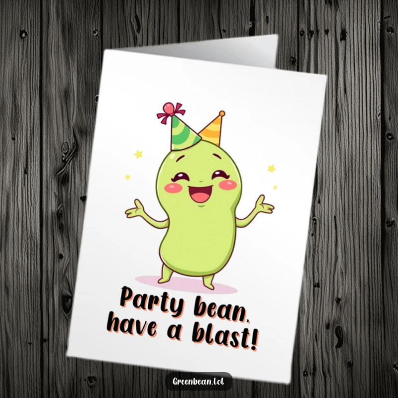 Funny Free Printable Birthday Card: A green bean in a party hat, skillfully juggling, ready for fun.