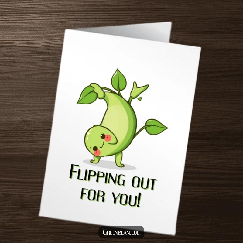 Funny Free Printable Congrats Card: Green bean executing a playful somersault with a flourish of leaves, cheering on a winner.