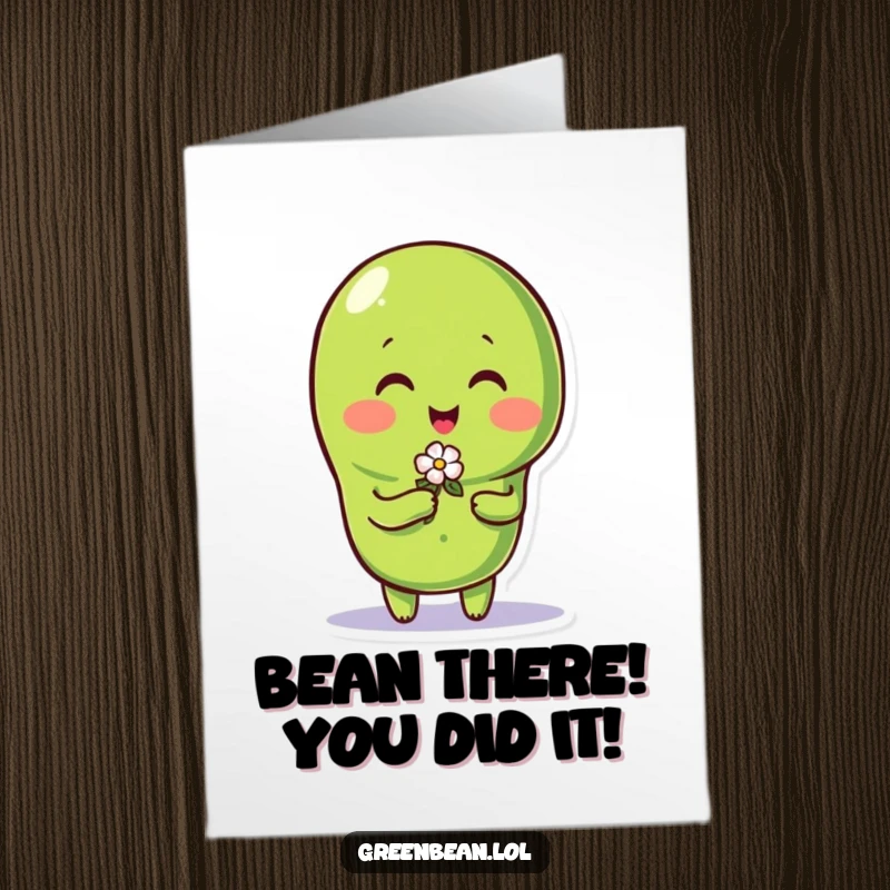 Funny free printable congratulations card showing a charming green bean character offering a small flower, perfect for celebrating achievements.