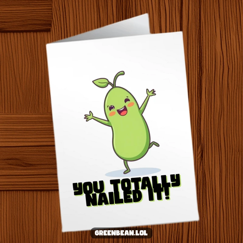 Funny Free Printable Congrats Card: A grinning green bean with little legs performing a dynamic cartwheel.