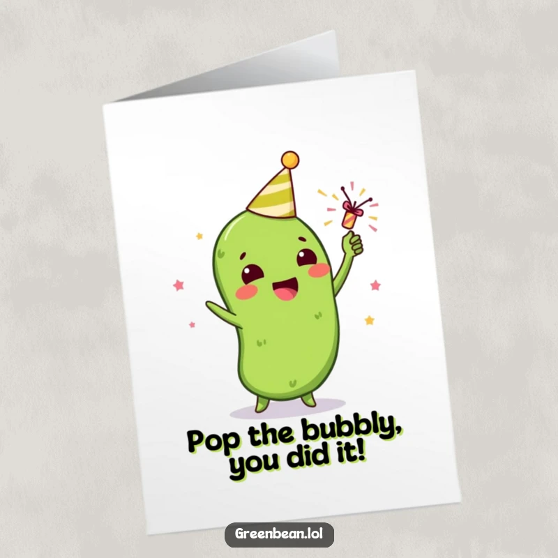 Funny Free Printable Congrats Card: A gleeful green bean character celebrates with a tiny party popper, sending confetti for your big win.