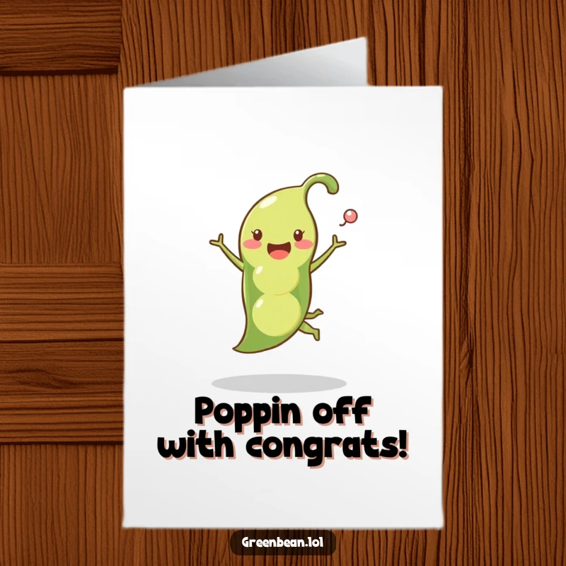Funny Free Printable Congrats Card: A happy pea pod jumping joyfully, with peas launching outwards.