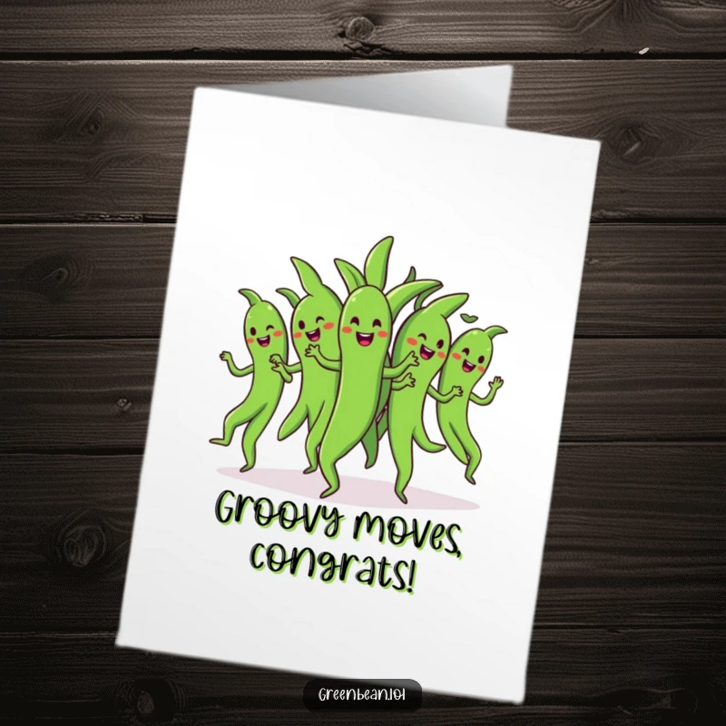 Funny Free Printable Congrats Card: Cheerful green beans in perfect sync, dancing with joy.