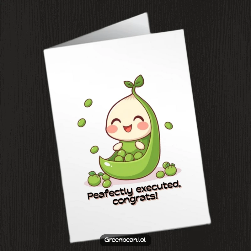Free Printable Congratulations Card featuring a cheerful green bean segment masterfully juggling tiny peas, signifying skill and accomplishment.