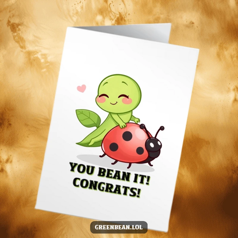 Funny Free Printable Congratulations Card: A green bean winks playfully riding a ladybug, celebrating achievements.