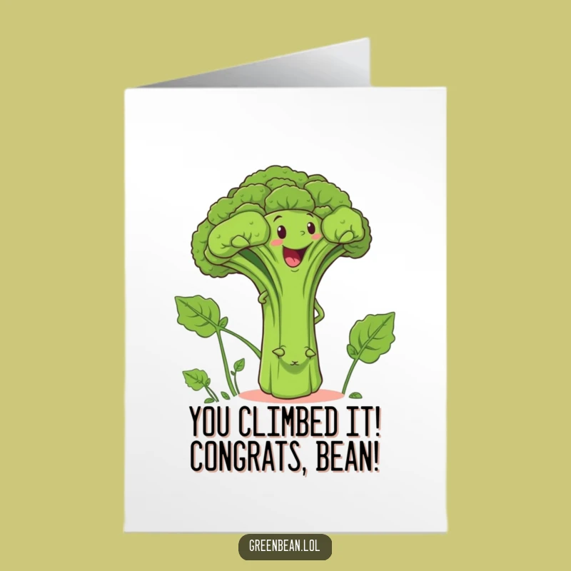 Free Printable Congrats Card: Green Bean Climbing Broccoli Success Funny Downloadable