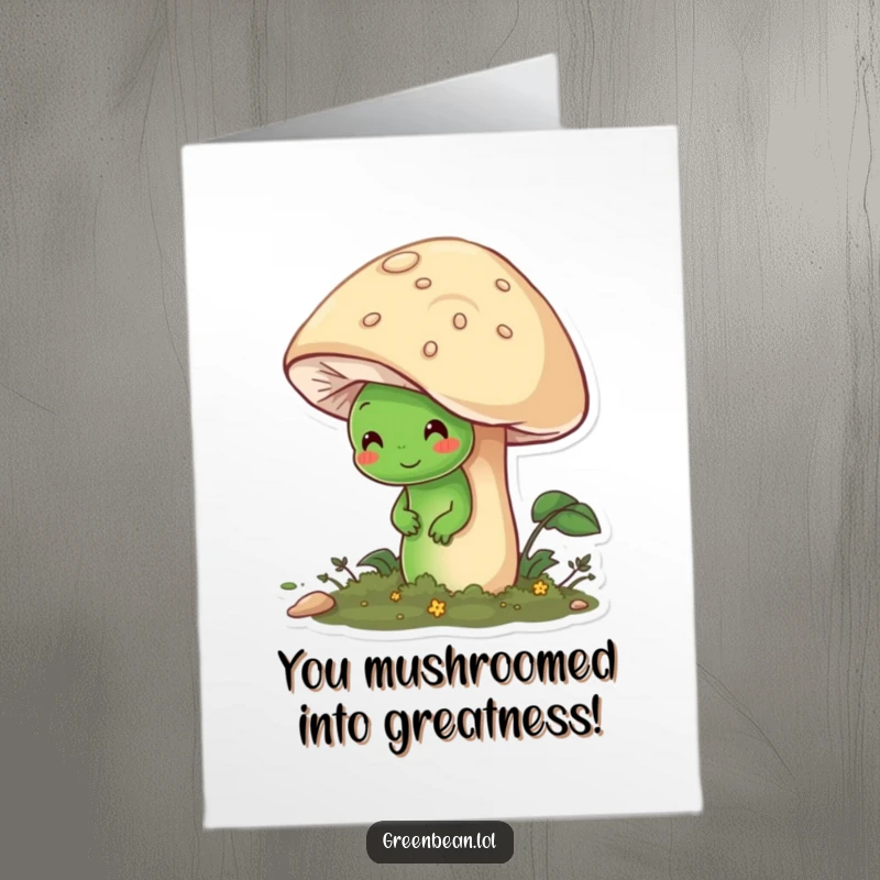Funny Free Printable Congratulations Card: Shy green bean peeking from behind a friendly mushroom, a gentle congratulations downloadable.