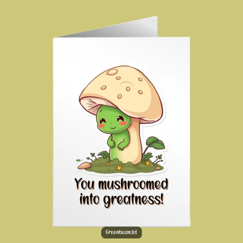 Free Printable Shy Bean Congrats Card: Friendly Mushroom Celebration Downloadable Gift