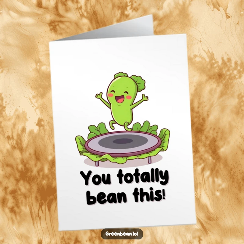 Funny Free Printable Congratulations Card: Green bean bouncing on a lettuce trampoline, a high-energy downloadable congrats card.
