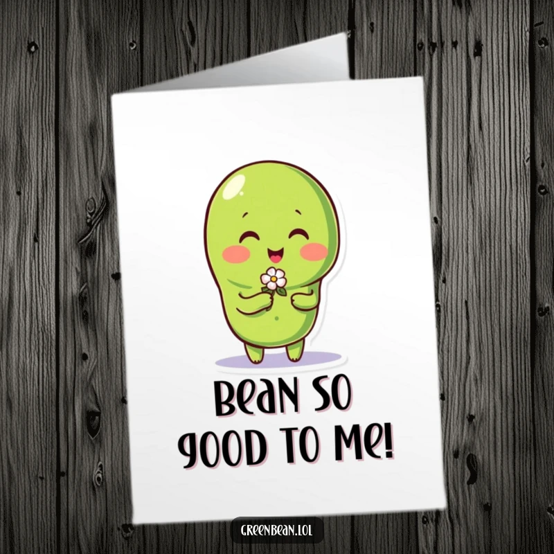 Funny free printable thank you card featuring a green bean character presenting a tiny flower to express heartfelt gratitude.