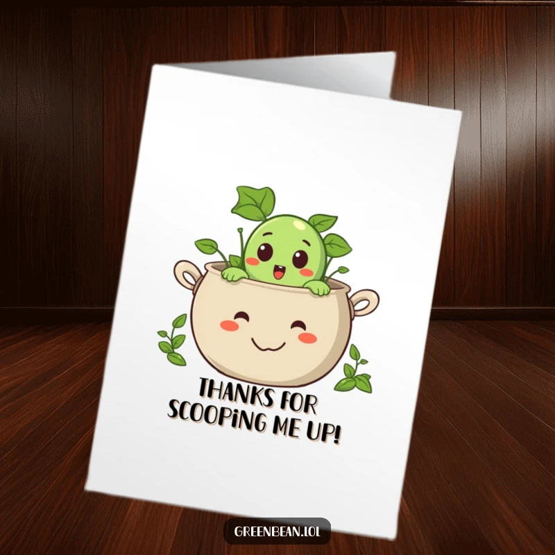 Funny Free Printable Thank You Card: Surprised green bean peeking from a giant smiling pot, sending big thanks.