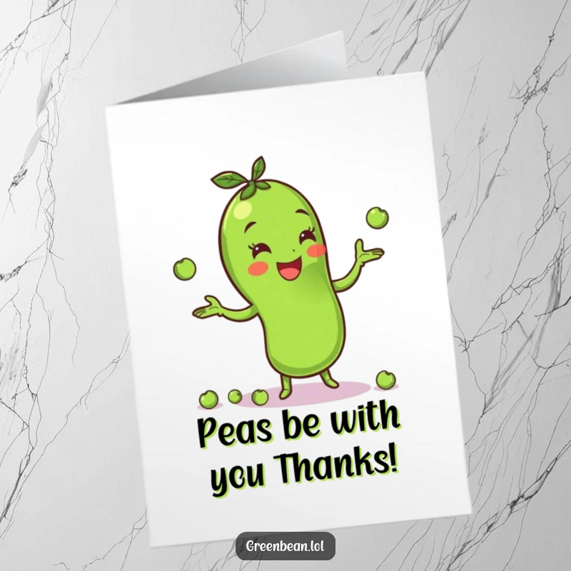 Funny Free Printable Thank You Card: A cheerful green bean juggling multiple tiny peas, expressing thanks with a playful and impressive act.