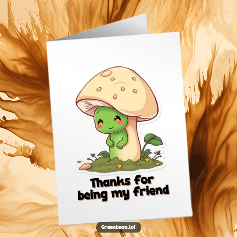 Funny Free Printable Thank You Card: Shy green bean hiding behind a friendly mushroom, a sweet downloadable thank you.