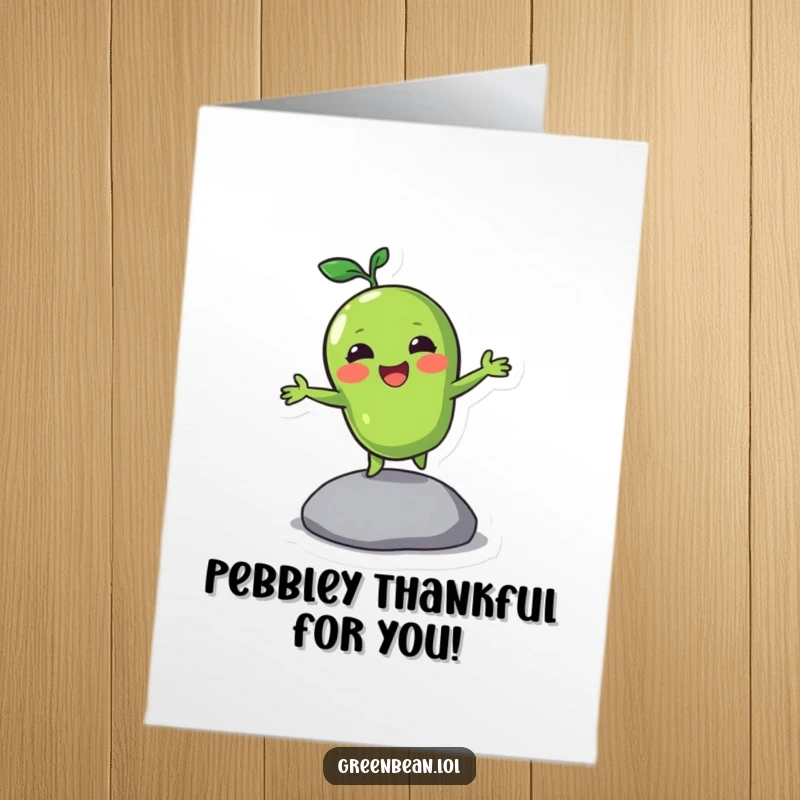Funny Free Printable Thank You Card: A green bean character happily bounces on a pebble, conveying energetic thanks.