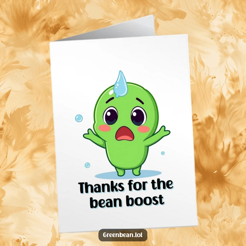 Funny Free Printable Thank You Card: A surprised green bean character humorously reacts to a playful water splash, expressing thanks.