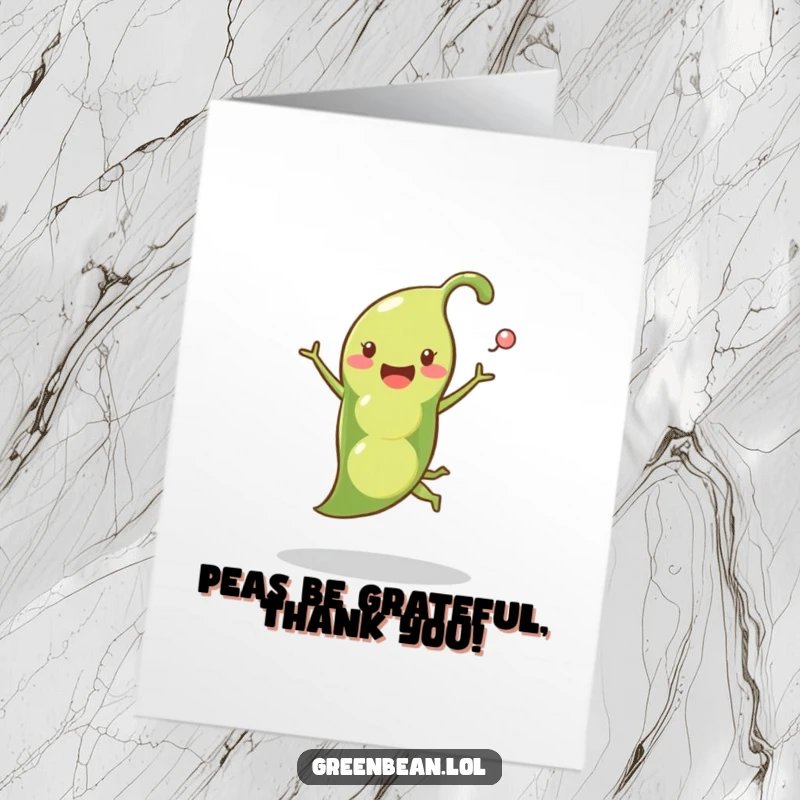 Funny Free Printable Thank You Card: A happy pea pod in a joyful leap, peas popping out happily.