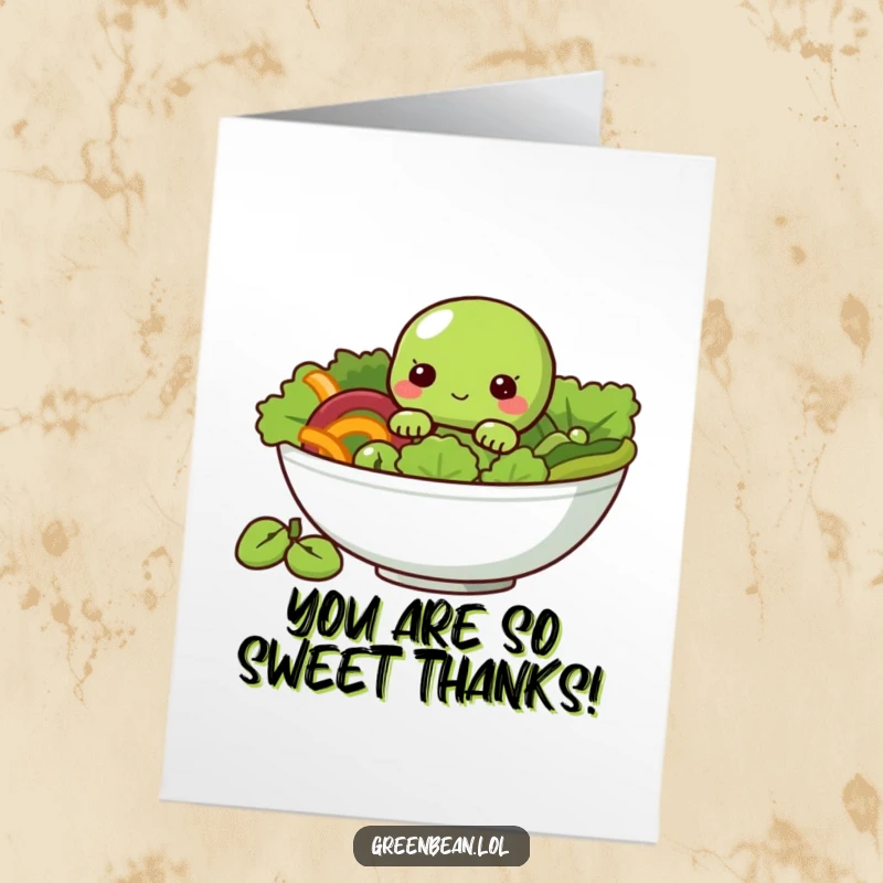 Funny free printable thank you card showcasing a shy green bean peeking out of a salad, perfect for expressing thanks.