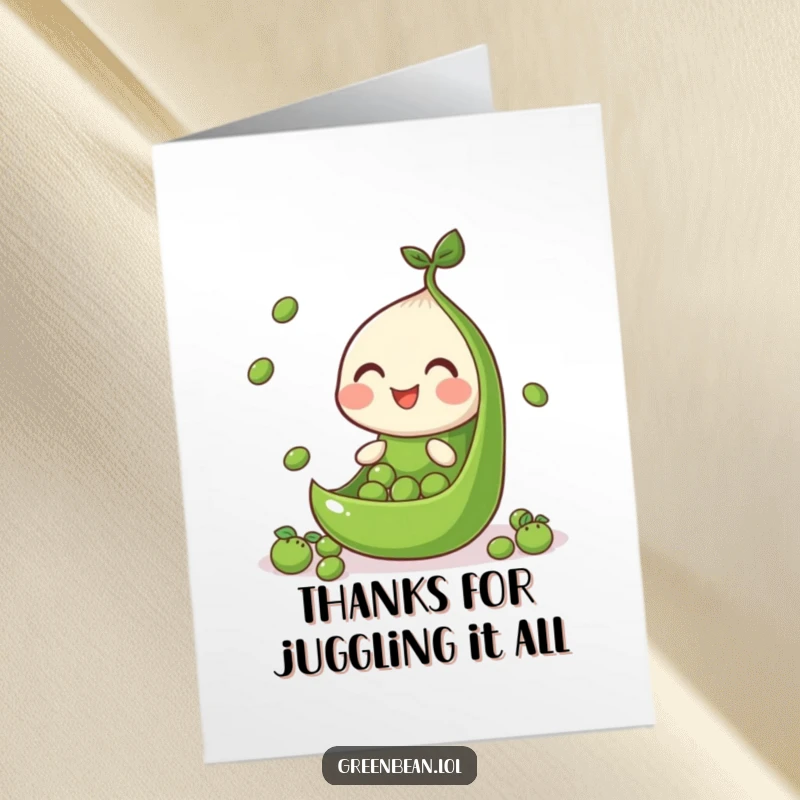 Free Printable Thank You Card of a cheerful green bean segment juggling tiny peas, sending thanks with a flourish and a smile.