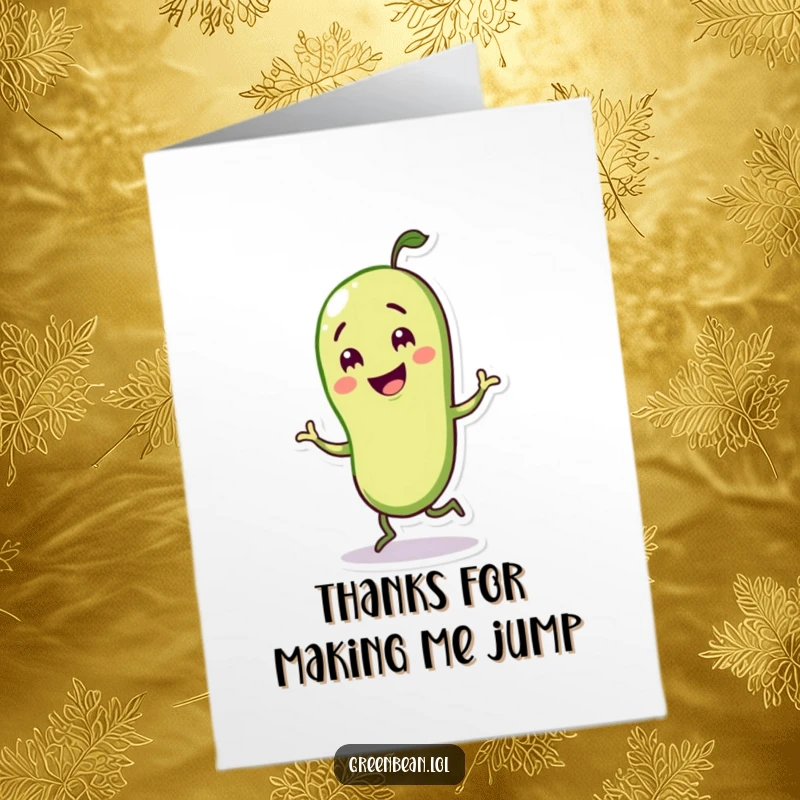 Free Printable Thank You Card featuring a happy green bean character doing a little jig, sending lively thanks and good vibes.