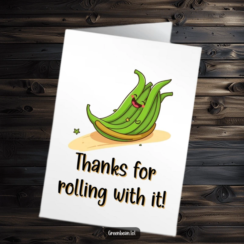 Funny Free Printable Thank You Card: Cheerful Green Beans Giggling as They Roll Down, Expressing Thanks Joyfully