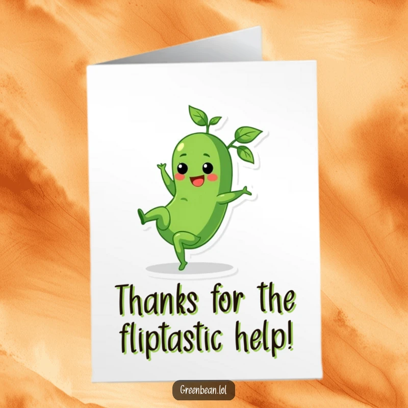 Funny Free Printable Thank You Card: Cheerful green bean in a cartwheel, leafy tops trailing, conveying lively thanks.