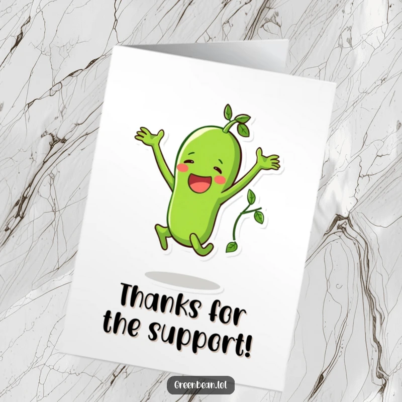 Funny Free Printable Thank You Card: Happy green bean doing a jumping jack with its vine friend, sharing active thanks.
