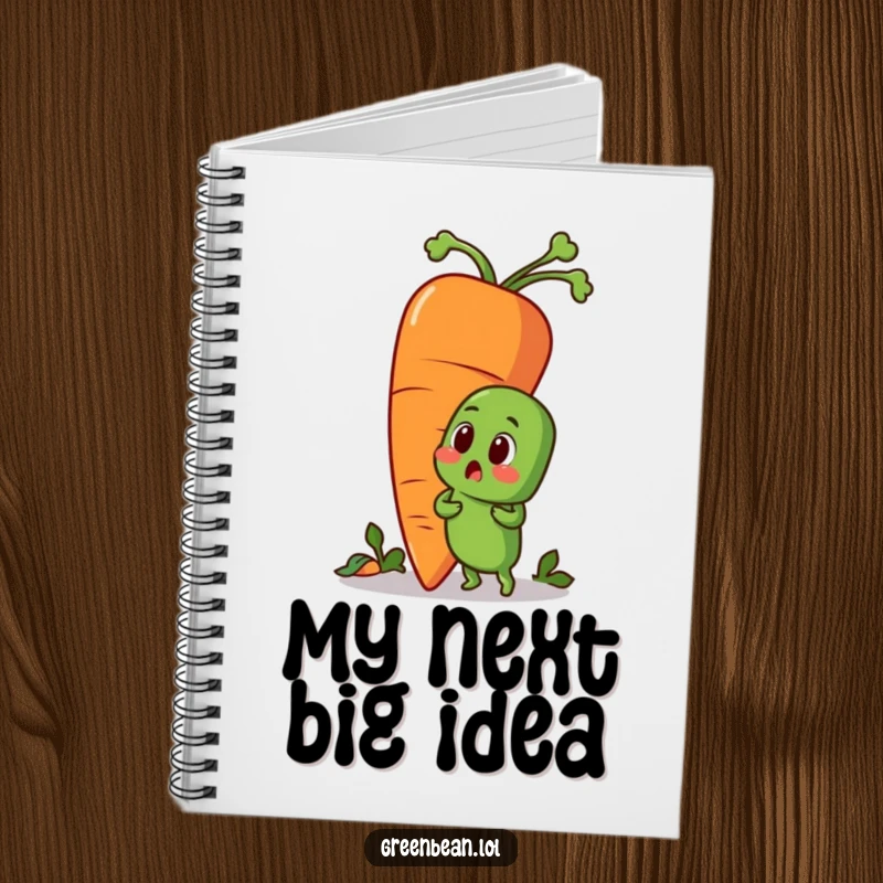 Funny notebook with a surprised green bean character and a giant carrot. Humorous vegetable design for writing and sketching.