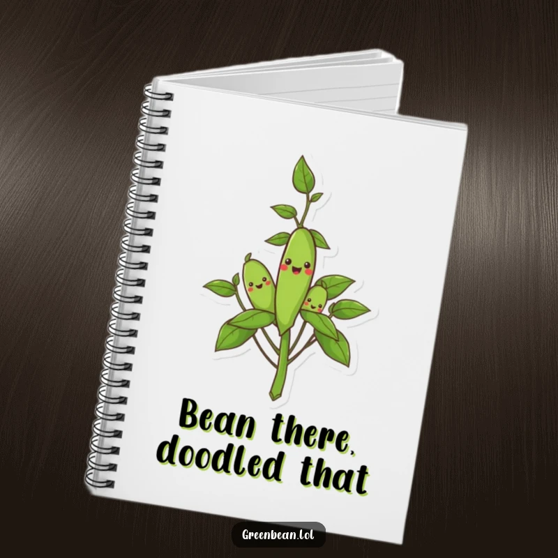 Funny notebook cover illustrating a smiling green bean plant, perfect for jotting down gardening notes and humorous observations.