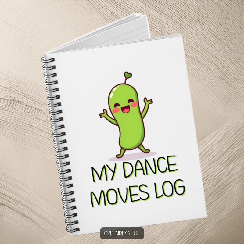Funny notebook with a green bean character doing a lively shimmy dance. Humorous design for writing and sketching.