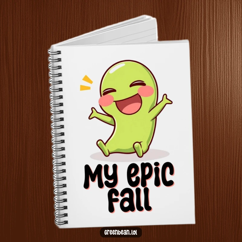 Funny notebook with a green bean character comically slipping, perfect for jotting down funny ideas and daily notes.
