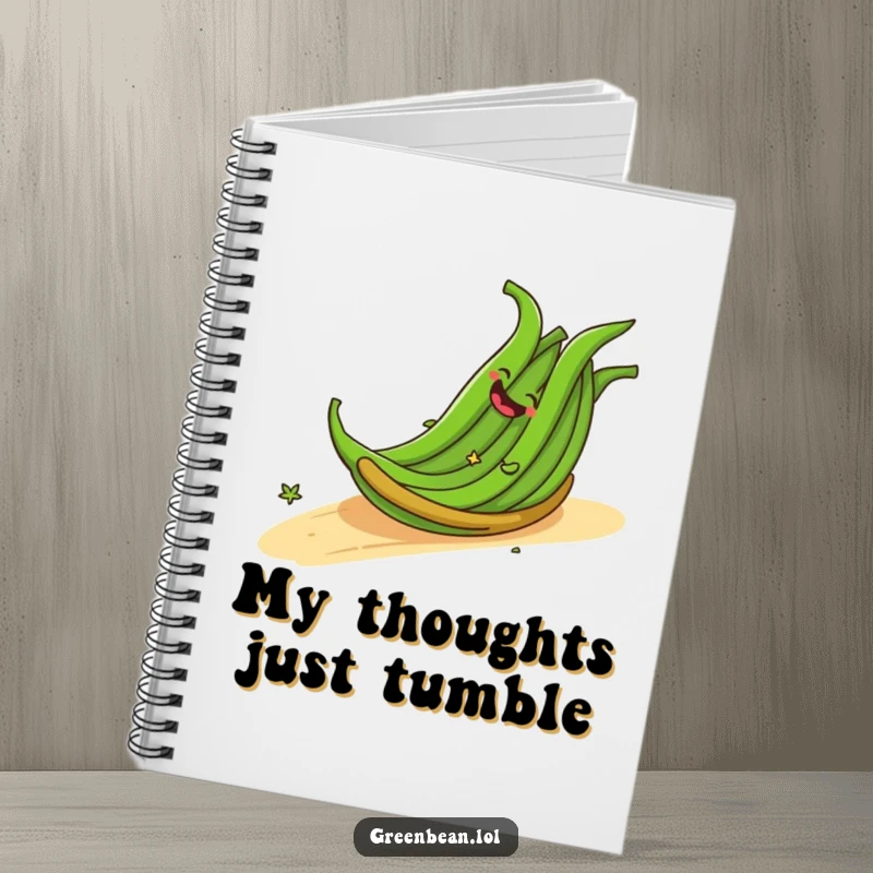 Funny notebook cover with a cheerful bundle of green beans giggling as they roll down a slope, inspiring playful thoughts. A great funny gift.