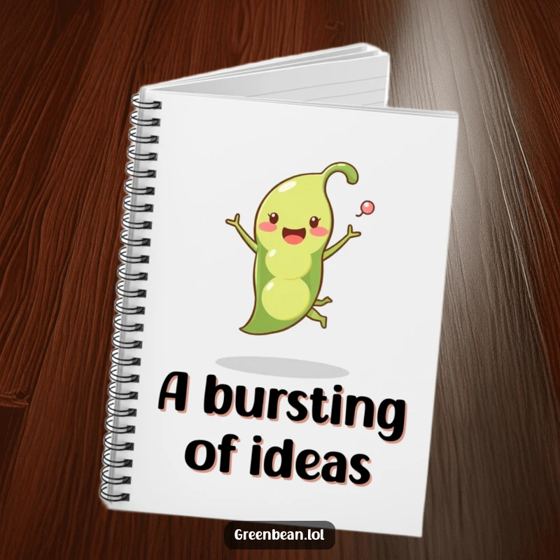 Funny pea pod notebook with a happy pea pod leaping and peas popping out, ideal for notes and humorous journaling.