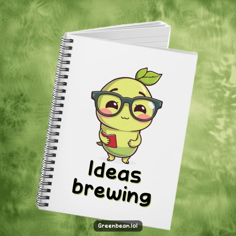 Funny studious green bean wearing reading glasses, a practical and humorous notebook for capturing clever thoughts.