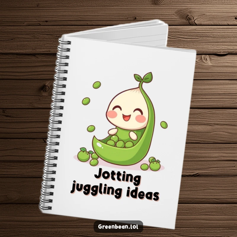 Funny notebook featuring a green bean segment juggling peas, designed for jotting down ideas and plans.