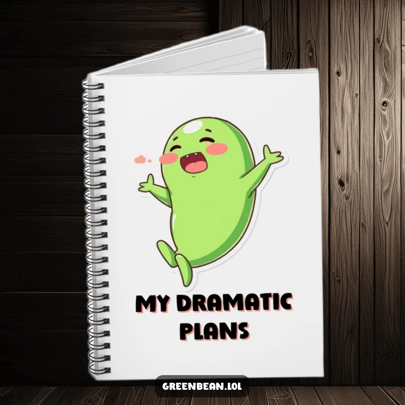 Funny notebook with a plump, blushing green bean character in a dramatic, exaggerated dive, perfect for journaling.