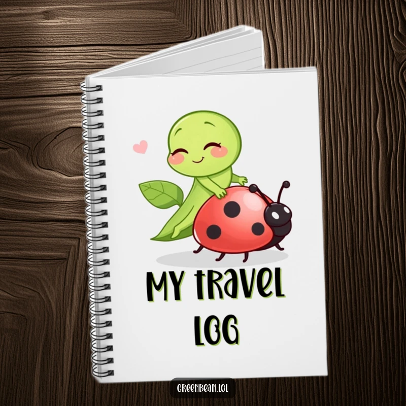 Funny green bean winking playfully while riding a ladybug, a charming and humorous notebook for creative minds.