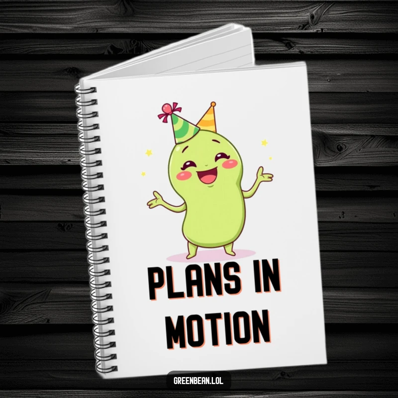 Funny juggling green bean notebook with a grinning green bean in a party hat, juggling, ideal for notes and festive brainstorming.