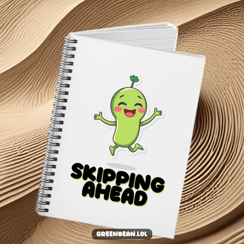 Funny green bean notebook showing a joyous character skipping with great glee, perfect for jotting down happy thoughts and brilliant ideas. Lined paper.