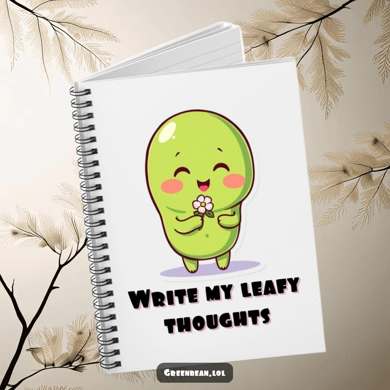 Funny green bean character presenting a tiny flower on the cover of a charming notebook.