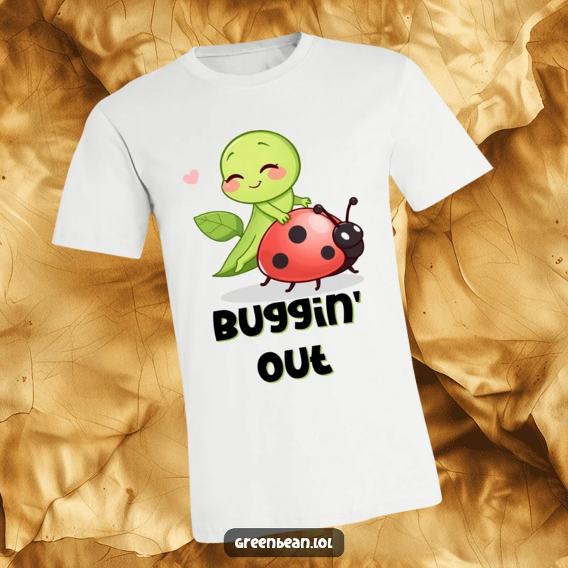 Funny green bean winking playfully while riding a ladybug, showcasing a unique and humorous outdoor adventure.