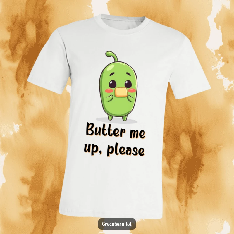 Funny surprised green bean butter t-shirt, a green bean character with huge eyes, as butter is applied, a comical and relatable scene.