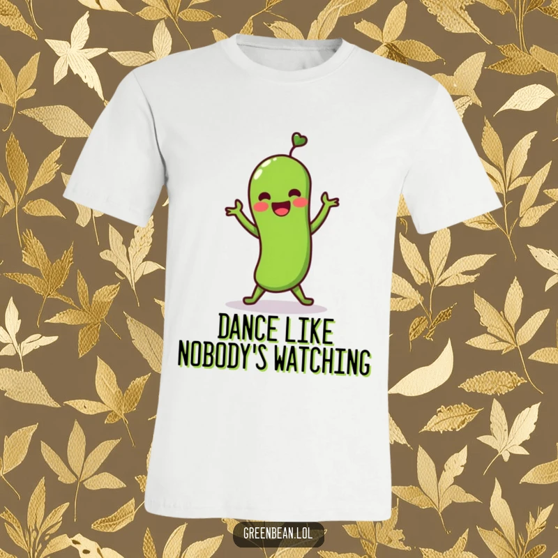 Funny t-shirt featuring a green bean character joyfully doing a shimmy dance. Vibrant and humorous depiction of a dancing vegetable.