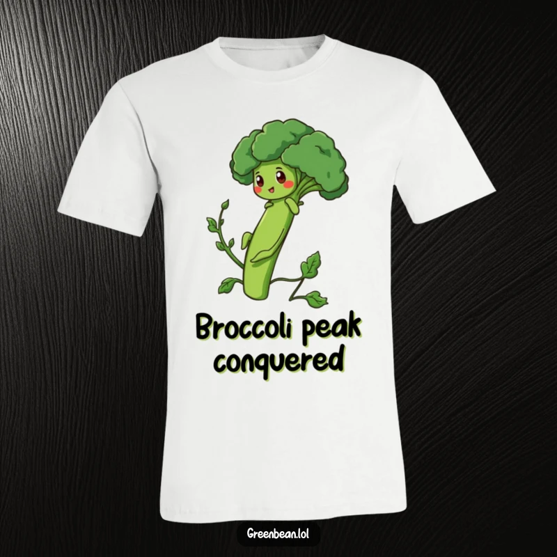 Funny T-Shirt with a determined green bean character climbing a broccoli stalk, symbolizing perseverance.