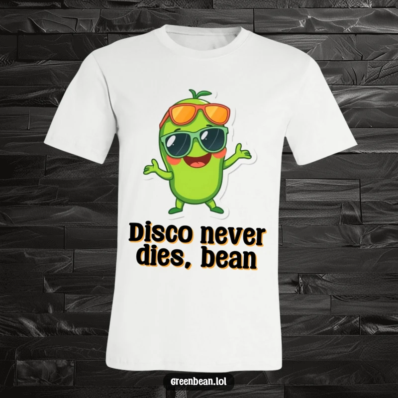 Funny t-shirt of a laughing green bean wearing oversized sunglasses and posing like a disco dancer, full of energy.