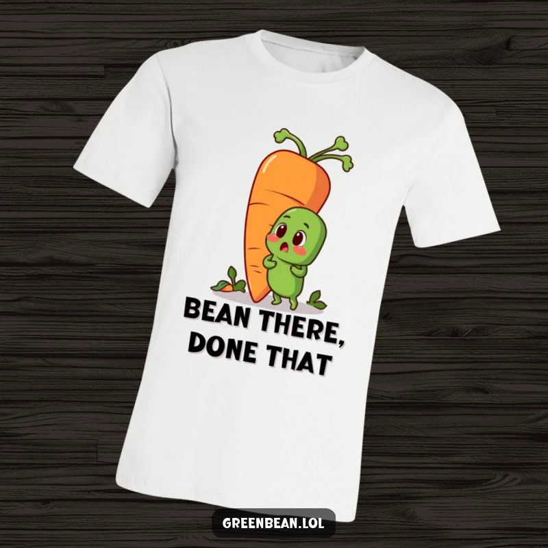 Funny t-shirt featuring a wide-eyed green bean staring at an enormous, smiling carrot. Expresses shock and amusement through vegetable characters.