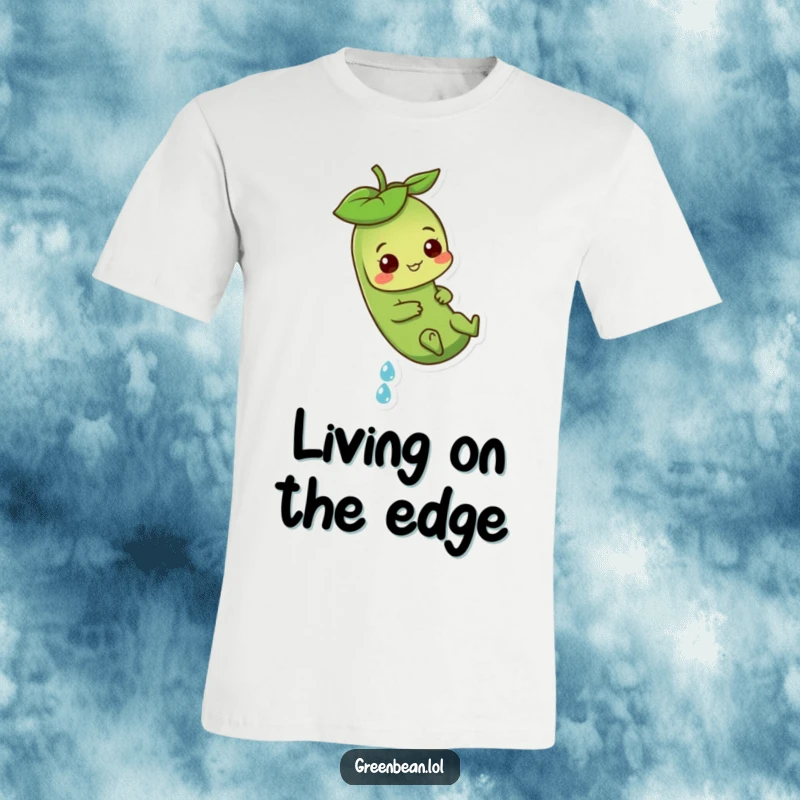 Funny Green Bean T-Shirt showing a playful character sliding down a dewdrop, capturing a moment of pure, joyful adventure.