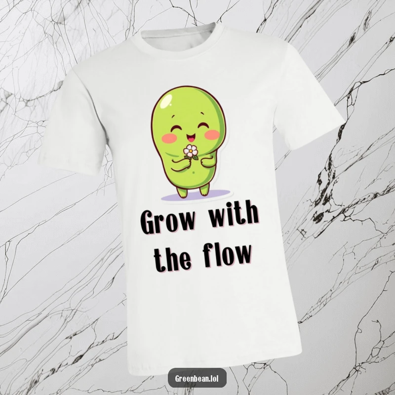Funny green bean character wearing a smile and offering a small flower, depicted on a comfy t-shirt.