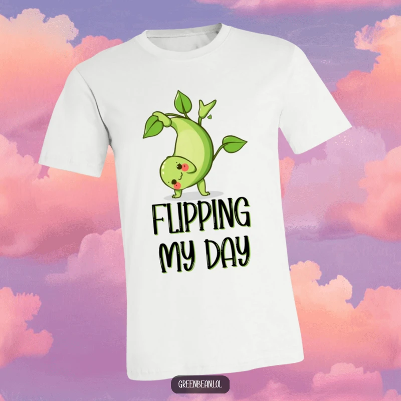 Funny Green Bean T-Shirt: A dynamic green bean character executing a playful somersault, showcasing athletic humor and vibrant energy.